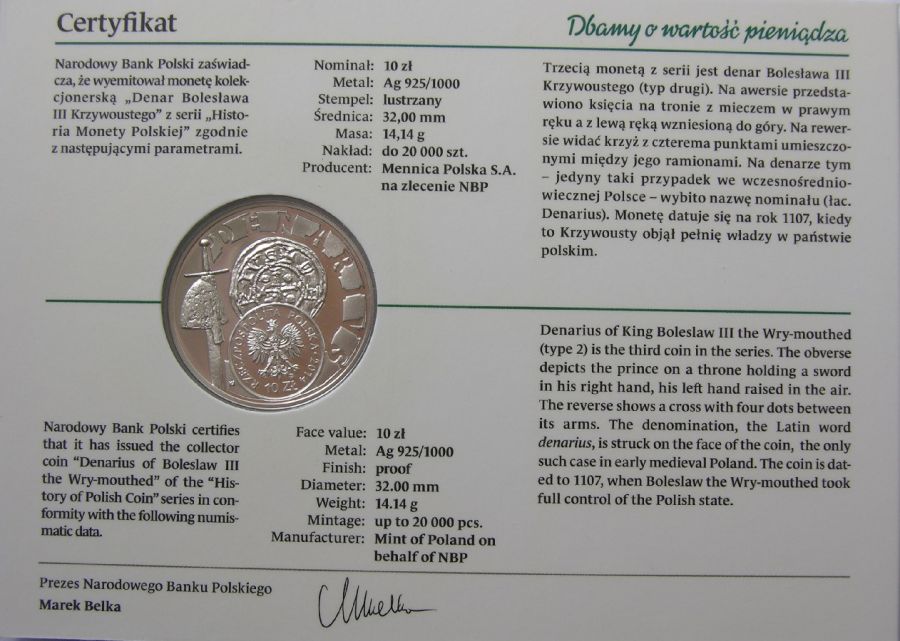 10 złotych - Historia Monety Polskiej - denar Bolesława Krzywoustego