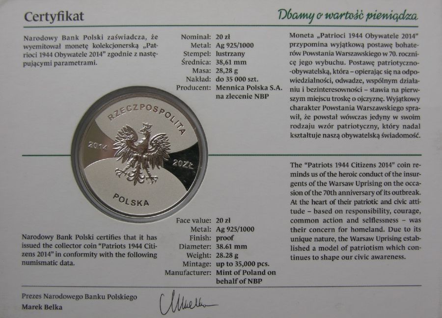 20 złotych - Patrioci 1944 Obywatele 2014
